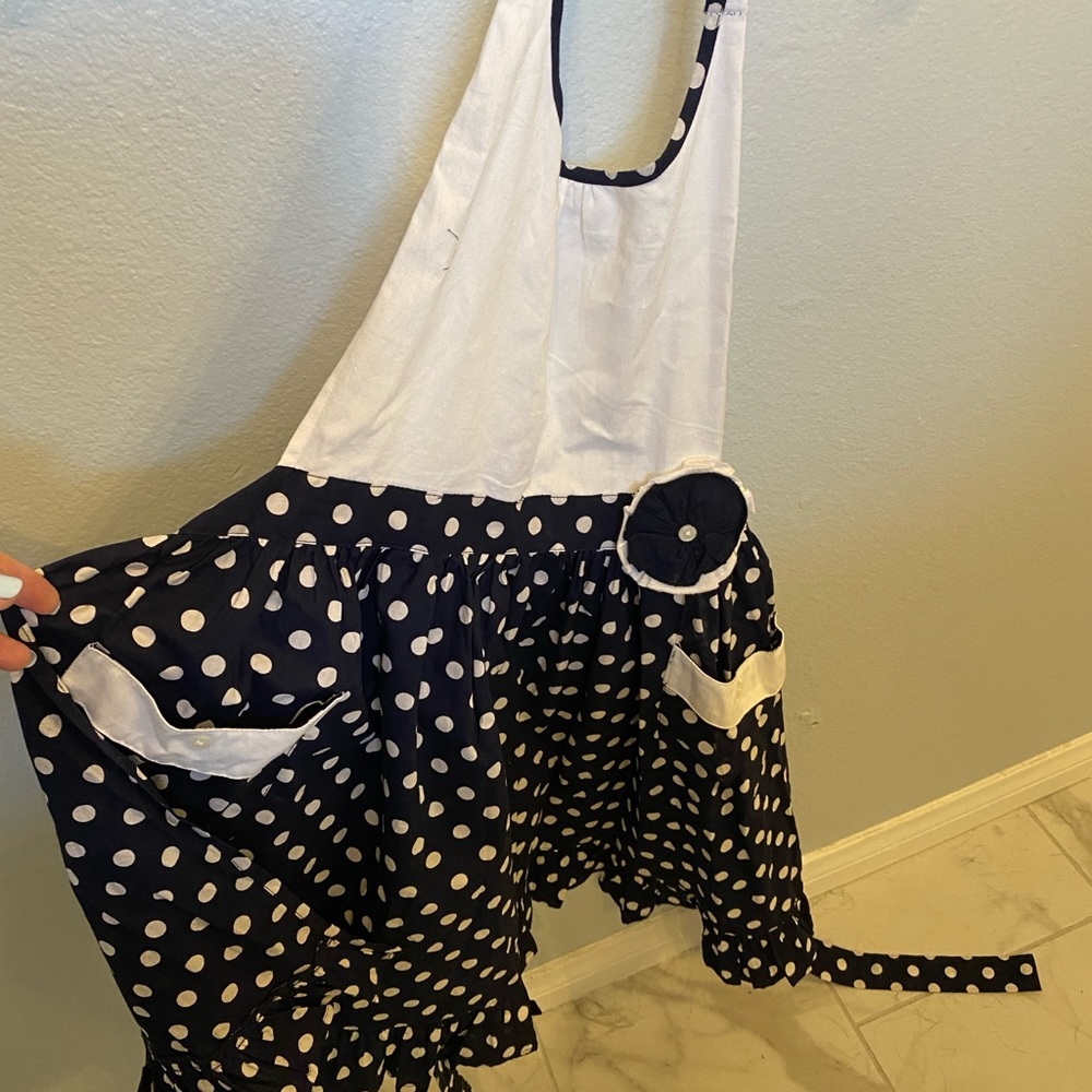 Sur La Table Apron Dotty Bow Blue White Full Apron with Pockets & Pot Holder